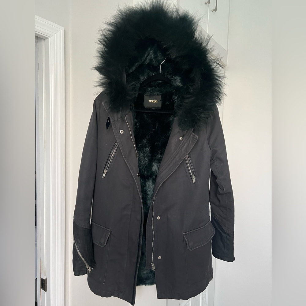 Maje coat dark gray with dark green fur on the hood and inside. One of a kind.